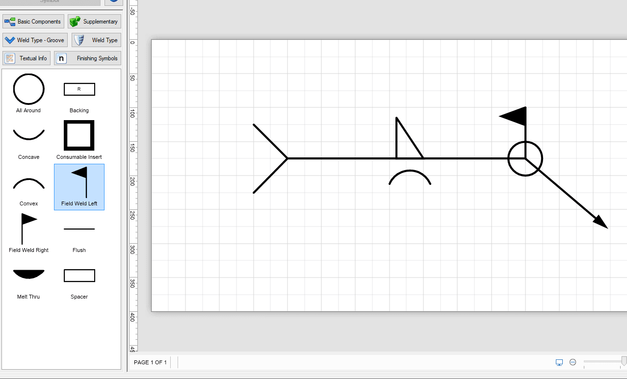 The welding symbol builder: a symbol palette beside a drawing canvas