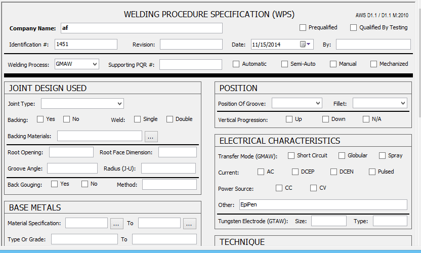 The WPS form in the application: joint design, position, and electrical characteristics for an AWS D1.1 procedure