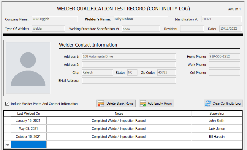 A welder qualification test record with its continuity log: last welded on, notes, supervisor
