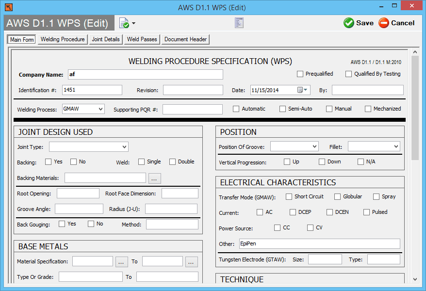 AWS D1.1 WPS form
